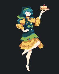 Rule 34 | 1girl, 4qw5, ankleband, apron, aqua hair, arm ribbon, arm up, barefoot, black background, cake, dress, food, frilled apron, frilled sleeves, frills, fruit, full body, green apron, green headwear, hand on own hip, haniyasushin keiki, head scarf, heart, heart print, highres, holding, holding plate, jewelry, knee up, long hair, looking at viewer, magatama, magatama necklace, necklace, pixel art, plate, print dress, puffy short sleeves, puffy sleeves, pun, red eyes, ribbon, short sleeves, simple background, smile, solo, standing, standing on one leg, strawberry, strawberry shortcake, touhou, turtleneck, turtleneck dress, wristband, yellow dress
