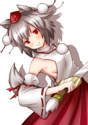 Rule 34 | 1girl, absurdres, animal ears, bare shoulders, blush, breasts, detached sleeves, hat, highres, inubashiri momiji, koniiru, looking at viewer, no bra, pom pom (clothes), red eyes, short hair, sideboob, silver hair, simple background, skirt, smile, solo, sword, tail, tokin hat, touhou, weapon, white background, wolf ears, wolf tail