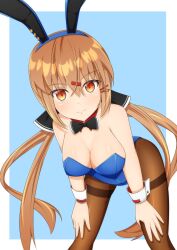 Rule 34 | 1girl, animal ears, bell shireikan, blue background, blue leotard, bow, bowtie, brown eyes, brown hair, brown pantyhose, covered navel, detached collar, fake animal ears, fake tail, hair between eyes, hair ornament, hairclip, highres, kantai collection, leotard, long hair, low twintails, pantyhose, playboy bunny, rabbit ears, rabbit tail, solo, strapless, strapless leotard, tail, tashkent (kancolle), traditional bowtie, twintails, white background, wrist cuffs