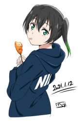 Rule 34 | 1girl, black hair, blue hoodie, closed mouth, clothes writing, corn dog, cropped torso, dated, eating, fingernails, food, food on face, from behind, gradient hair, green eyes, hair between eyes, holding, holding food, hood, hoodie, looking at viewer, looking back, love live!, love live! nijigasaki high school idol club, medium hair, multicolored hair, signature, solo, streaked hair, takasaki yu, twintails, watanabe keisuke, white background