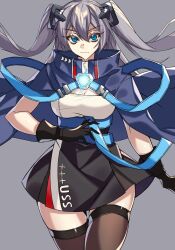 Rule 34 | 1girl, azur lane, black dress, black gloves, black thighhighs, blue cloak, blue eyes, breasts, cleavage, cloak, closed mouth, commentary request, cowboy shot, dress, gloves, glowing, grey background, grey hair, hair between eyes, hair ornament, high collar, highres, intrepid (azur lane), long hair, looking at viewer, medium breasts, mole, mole on breast, ouka (sakura oinari), short dress, sidelocks, simple background, skindentation, solo, standing, strapless, strapless dress, thighhighs, two side up, very long hair, zettai ryouiki
