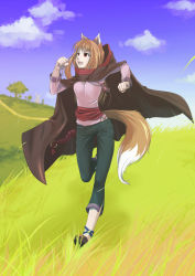 Rule 34 | 1girl, animal ears, anklet, capri pants, cloak, grass, holo, jewelry, open mouth, painpa, pants, red eyes, running, sash, spice and wolf, tail, wolf ears, wolf tail