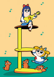 Rule 34 | 10s, animal ears, bkub, blonde hair, blue hair, bow, cat, cat ears, cat tail, cat tower, guitar, hair bow, highres, instrument, long hair, musical note, non-web source, pipimi, poptepipic, popuko, quaver, school uniform, serafuku, tail, two side up