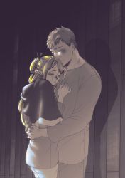 Rule 34 | 1boy, 1girl, blonde hair, capelet, chin rest, closed eyes, clothes grab, cowboy shot, dark, dungeon meshi, elf, grey hair, hair over one eye, hair strand, half updo, hand up, hands on another&#039;s back, hands on another&#039;s chest, head on head, head rest, height difference, highres, interlocked fingers, laios touden, long hair, long sleeves, marcille donato, own hands together, pants, pointy ears, pout, shadow, shirt, short hair, smile, swept bangs, zukka