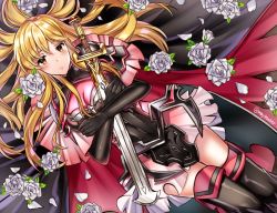 Rule 34 | 1girl, armor, black footwear, black gloves, blonde hair, blush, boots, cape, commentary request, feet out of frame, fire emblem, fire emblem: genealogy of the holy war, fire emblem heroes, flower, gloves, lachesis (fire emblem), lands sword, long hair, looking at viewer, maji (majibomber), miniskirt, nintendo, official alternate costume, parted lips, petals, rose, rose petals, shoulder armor, skirt, solo, sword, thigh boots, very long hair, weapon, white flower, white rose, white skirt, yellow eyes
