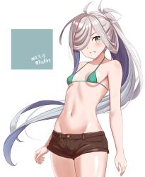 Rule 34 | 1girl, ahoge, ame-san, asashimo (kancolle), bikini, breasts, brown shorts, collarbone, cowboy shot, dated, green bikini, green eyes, grey hair, hair over one eye, highres, kantai collection, long hair, looking at viewer, micro shorts, navel, ponytail, shorts, small breasts, smile, solo, standing, swimsuit, very long hair, white background