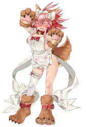 Rule 34 | 1girl, animal ear fluff, animal ears, animal hands, apron, bell, blush, blush stickers, breasts, cat hair ornament, cat paws, cleavage, closed eyes, collar, commentary, commentary request, fangs, fate/grand order, fate (series), fox ears, fox girl, fox tail, gloves, hair ornament, hair ribbon, highres, jingle bell, large breasts, long hair, looking at viewer, maid headdress, naked apron, neck bell, open mouth, paw gloves, paw pose, paw shoes, pink hair, ponytail, red ribbon, ribbon, saliva, shoes, simple background, solo, tahira ureka, tail, tamamo (fate), tamamo cat (fate), tamamo cat (third ascension) (fate), white background