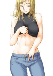 Rule 34 | 1girl, bare shoulders, blonde hair, blue eyes, breasts, clothes lift, denim, halterneck, highres, jeans, long hair, looking at viewer, navel, niwatazumi, open mouth, original, pants, shirt lift, sketch, smile, solo, underboob