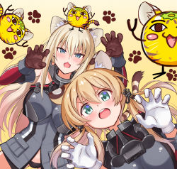 Rule 34 | 2girls, :3, anchor hair ornament, animal ears, aqua eyes, bismarck (kancolle), blonde hair, blue eyes, blush, breasts, cat, chibi, claw pose, gloves, gradient background, hair between eyes, hair ornament, hands up, highres, kantai collection, kemonomimi mode, kuroten, large breasts, long hair, looking at viewer, low twintails, military, military uniform, multiple girls, open mouth, panties, paw print, paw print background, prinz eugen (kancolle), sidelocks, tail, tiger ears, tiger tail, twintails, underwear, uniform, white gloves