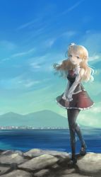 Rule 34 | 10s, 1girl, bad id, bad pixiv id, bare shoulders, blonde hair, boots, braid, brown eyes, city, day, french braid, harbor, hat, highres, italy, kantai collection, mountain, ocean, pantyhose, sky, solo, tamae (pixiv40276), zara (kancolle)