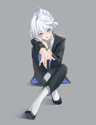 Rule 34 | 1girl, ahoge, artist name, black footwear, black suit, ccnut b, crossed legs, earrings, foreshortening, formal, full body, grey background, grey eyes, gundam, gundam suisei no majo, hair up, hand on own arm, head tilt, highres, jewelry, miorine rembran, official alternate hairstyle, outstretched arm, pants, parted lips, shoes, simple background, siting, sitting, solo, suit, twitter username, white hair