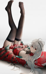 Rule 34 | 1girl, aqua gloves, aqua headwear, arknights, ascot, black ascot, black thighhighs, breasts, cleavage, clothing cutout, dress, feet, gloves, highres, large breasts, legs, long hair, looking at viewer, navel cutout, no shoes, off-shoulder dress, off shoulder, red dress, red eyes, red sleeves, skadi (arknights), skadi the corrupting heart (arknights), soles, solo, thighhighs, thighs, toes, yuuki mix