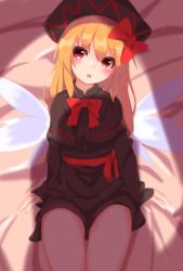 Rule 34 | 1girl, :o, bed sheet, black capelet, black dress, black hat, blonde hair, blush, bow, capelet, dress, fairy wings, hair bow, hat, head tilt, highres, iroha (pcrx7327), lily black, lily white, long hair, long sleeves, looking at viewer, red bow, red eyes, sash, sitting, solo, tears, touhou, wings