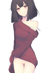 Rule 34 | 1girl, black hair, blush, bra strap, cleft of venus, closed mouth, copyright request, cowboy shot, dress, female focus, frown, gluteal fold, half-closed eyes, head tilt, lifted by self, long hair, long sleeves, looking at viewer, no panties, off shoulder, original, purple sweater, pussy, red eyes, ribbed sweater, shisha no karada, short hair, simple background, single bare shoulder, sleeves past wrists, solo, standing, strap slip, sweater, sweater dress, uncensored, wavy mouth, white background