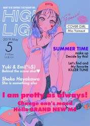 Rule 34 | 1girl, bandaid, bandaid on knee, bandaid on leg, baseball cap, between legs, black hair, black shorts, blue background, breasts, character name, cleavage, commentary request, cover, dated, english text, engrish text, facial mark, fake magazine cover, hand between legs, hat, headphones, headphones around neck, headwear writing, heart, highres, knees up, lipstick mark, looking at viewer, magazine cover, medium hair, najuco (naju0517), orange eyes, orange hat, original, price, puckered lips, ranguage, shirt, shoes, short shorts, shorts, sitting, skateboard, sneakers, solo, strap slip, tank top, watch, white shirt, wristwatch