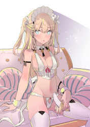 Rule 34 | 1girl, aqua eyes, banana, blonde hair, blush, breasts, couch, detached collar, flower, food, frilled panties, frills, fruit, hair flower, hair ornament, holding, long hair, looking at viewer, maid headdress, navel, open mouth, original, panties, pillow, scrunchie, sexually suggestive, sitting, solo, tajima ryuushi, thighhighs, two side up, underwear, white panties, white thighhighs, wrist cuffs