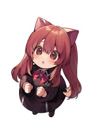 Rule 34 | 1girl, aloe (quiz magic academy), animal ears, black dress, black footwear, blush, bow, brown eyes, brown hair, clenched hands, collared dress, commentary request, dress, foreshortening, from above, full body, highres, loafers, long hair, long sleeves, quiz magic academy, red bow, shoes, simple background, solo, standing, twintails, usamata, very long hair, white background