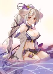 Rule 34 | 1girl, azusa (granblue fantasy), azusa (summer) (granblue fantasy), bandaged hand, bandages, bare shoulders, bikini, blush, braid, braided ponytail, breasts, cleavage, draph, flower, granblue fantasy, hair flower, hair ornament, high ponytail, highres, horns, large breasts, long hair, looking at viewer, navel, official alternate costume, official alternate hairstyle, pointy ears, ponytail, purple bikini, purple flower, red eyes, skirt, solo, swimsuit, thighs, very long hair, white hair, yu-li