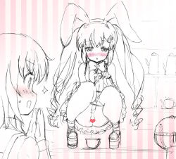 Rule 34 | 2girls, animal, animal ears, blush, bow, bowtie, rabbit hair ornament, cat, censored, clothes lift, doku momo, dress, dress lift, fake animal ears, from behind, hair ornament, hands together, heart, heart censor, long hair, long sleeves, looking down, monochrome, multiple girls, open mouth, panties, panty pull, peeing, pink background, rabbit ears, shirt, shoes, short hair, sketch, sleeveless, sleeveless dress, socks, spot color, squatting, standing, striped, striped background, sweatdrop, symbol-shaped pupils, teapot, tears, twintails, underwear, waitress, white background