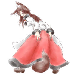 Rule 34 | 1girl, animal ears, bare shoulders, blush, breasts, brooch, brown hair, dress, imaizumi kagerou, jewelry, long hair, looking at viewer, looking back, open mouth, red eyes, simple background, solo, ta gero, tail, touhou, white background, wolf ears, wolf tail