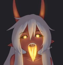 Rule 34 | 1girl, absurdres, black background, black sclera, collarbone, colored sclera, colored skin, demon girl, demon horns, glowing, glowing eyes, glowing tongue, hair between eyes, highres, horns, li (rob ishi), long hair, long tongue, looking at viewer, nude, open mouth, oral invitation, orange eyes, original, pointy ears, portrait, red skin, rob ishi, saliva, solo, teeth, tongue, watermark, white hair