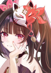 Rule 34 | 1girl, bare shoulders, blunt bangs, brown hair, commentary request, facial mark, fox mask, grin, hand up, highres, honkai: star rail, honkai (series), long hair, looking at viewer, mask, mask on head, pink eyes, pink nails, portrait, simple background, smile, solo, sparkle (honkai: star rail), sura (sra 975), twintails, very long hair, white background