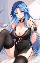 Rule 34 | 1girl, armpit crease, azur lane, bare shoulders, between breasts, black dress, black thighhighs, blue eyes, blue hair, blue nails, breasts, chinese commentary, cleavage, collarbone, covered navel, curtains, dress, garter straps, highres, knee up, large breasts, long hair, nail polish, official alternate costume, parted bangs, showerz, sidelocks, simple background, sitting, smile, solo, sovetskaya belorussiya (azur lane), sovetskaya belorussiya (relaxation stratagem) (azur lane), strap pull, thighhighs, thighs, wrist cuffs