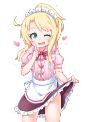 Rule 34 | 1girl, ;d, apron, blonde hair, blush, bow, brown skirt, center frills, clothes lift, commentary request, frilled skirt, frills, green eyes, hand up, heart, high ponytail, highres, himesaka noa, index finger raised, kirisame mia, lifting own clothes, long hair, maid headdress, one eye closed, open mouth, pink shirt, ponytail, puffy short sleeves, puffy sleeves, red bow, shirt, short sleeves, simple background, skirt, skirt lift, smile, solo, sparkle, waist apron, watashi ni tenshi ga maiorita!, white apron, white background