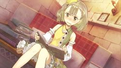 Rule 34 | 10s, 1girl, atelier (series), atelier escha &amp; logy, blush, book, brown hair, detached sleeves, dutch angle, female focus, game cg, hair ornament, hairclip, hat, hidari (left side), lucille ernella, nose blush, official art, open book, open mouth, short hair, sitting, solo, tears, wavy mouth, yellow eyes