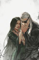 Rule 34 | 1boy, 1girl, a song of ice and fire, aemond targaryen, aleksandra skiba, alys rivers, belt, black hair, black jacket, breasts, cleavage, closed eyes, commentary, couple, dress, english commentary, eyepatch, green dress, green eyes, hetero, highres, house of the dragon, jacket, jewelry, kiss, kissing hand, lips, long hair, long sleeves, looking at another, medium breasts, necklace, scar, scar on face, smile, twitter username, upper body, white background, white hair, wide sleeves