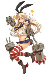 Rule 34 | 10s, 1girl, anchor, black eyes, black panties, blonde hair, boots, crop top, crop top overhang, elbow gloves, full body, fumitan (humitan), gloves, grey footwear, hair ornament, hairband, highleg, highleg panties, highres, kantai collection, lifebuoy, long hair, looking at viewer, midriff, navel, one eye closed, panties, personification, rensouhou-chan, shimakaze (kancolle), simple background, skirt, smile, solo, star (symbol), striped clothes, striped thighhighs, swim ring, thighhighs, underwear, v, white background, white gloves, wink