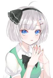 Rule 34 | 1girl, ahoge, bad id, bad twitter id, black hairband, blue eyes, blush, bob cut, breasts, cismlyri, commentary, commentary request, ghost hair ornament, green vest, hair ornament, hairband, hairpin, highres, hitodama hair ornament, konpaku youmu, looking at viewer, multicolored nails, nail polish, parted lips, puffy short sleeves, puffy sleeves, shirt, short hair, short sleeves, signature, silver hair, simple background, small breasts, smile, solo, steepled fingers, symbol-only commentary, touhou, upper body, vest, white background, white shirt, x hair ornament