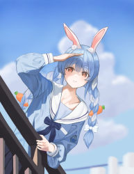 Rule 34 | 1girl, absurdres, animal ear fluff, animal ears, blue hair, blue sky, blurry, blurry background, bow, braid, cityscape, closed mouth, cloud, derivative work, hair bow, highres, hololive, long hair, long sleeves, looking at viewer, moonggu, multicolored hair, outdoors, rabbit ears, red eyes, salute, short eyebrows, sky, solo, standing, twin braids, twintails, two-tone hair, upper body, usada pekora, virtual youtuber, white bow