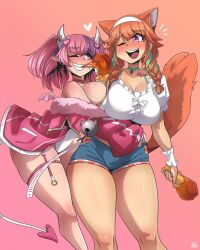 Rule 34 | alternate costume, animal ears, bat wings, bell, blush, braid, breast press, breasts, chicken (food), chicken leg, crossover, demon tail, earrings, eating, food, gradient background, highres, hololive, hololive english, horns, ironmouse, jacket, jewelry, large breasts, looking at another, multicolored hair, one eye closed, orange background, pink background, pink eyes, pointy ears, ryou sakai, sharp teeth, shorts, signature, smile, tail, takanashi kiara, teeth, thighs, two-tone hair, virtual youtuber, vshojo, wings