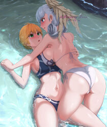 Rule 34 | 2girls, absurdres, artist name, ass, bare shoulders, bikini, blonde hair, blue eyes, blush, breasts, curly hair, dated, fiora (xenoblade), from above, from behind, green eyes, head wings, highres, large breasts, looking at another, melia antiqua, mercury xeno, multiple girls, open mouth, short hair, sideboob, swimsuit, water, wet, wet clothes, wet hair, white hair, wings, xenoblade chronicles (series), xenoblade chronicles 1