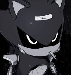Rule 34 | 1boy, absurdres, by almaz, commentary, derivative work, english commentary, english text, greyscale, highres, male focus, metal sonic, monochrome, non-humanoid robot, robot, robot animal, solo, sonic (series), upper body