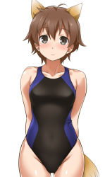 Rule 34 | 1girl, animal ears, arms behind back, bare shoulders, black eyes, blush, breasts, brown hair, collarbone, competition swimsuit, covered navel, highleg, highleg swimsuit, katou keiko, one-piece swimsuit, short hair, simple background, small breasts, solo, strike witches, swimsuit, tail, thigh gap, white background, witches of africa, world witches series, youkan