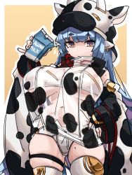 Rule 34 | 1girl, absurdres, animal ears, animal print, bandeau, blue hair, blue nails, breasts, catura (granblue fantasy), commentary, cow ears, cow girl, cow hat, cow print, detached sleeves, draph, earrings, english commentary, fake horns, fingernails, granblue fantasy, highres, horns, jewelry, large breasts, long hair, looking down, milk, milk carton, nail polish, navel, orange eyes, pinky out, pointy ears, see-through, see-through shirt, short eyebrows, short shorts, shorts, shortstack, skindentation, straight hair, thigh strap, thighhighs, wet, wet clothes, white shorts, white thighhighs, wide sleeves, zanamaoria