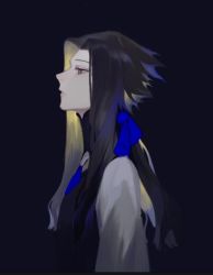 Rule 34 | 1boy, black background, black hair, black vest, blonde hair, blue necktie, brown eyes, colored inner hair, forever 7th capital, from side, hair ribbon, iscario (forever 7th capital), long hair, long sleeves, looking away, male focus, meru02295238, multicolored hair, necktie, parted lips, profile, ribbon, shirt, simple background, solo, two-tone hair, upper body, vest, white shirt