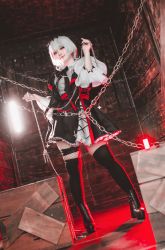 Rule 34 | 1girl, boots, chain, cosplay photo, dtto., high heel boots, high heels, highres, indoors, pale skin, photo (medium), red eyes, scarz, solo, taotan1412, utaite, virtual youtuber, white hair