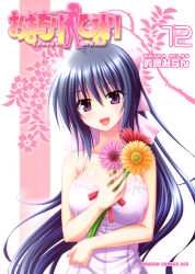 Rule 34 | 1girl, :d, bare arms, bare shoulders, blue hair, blush, bow, breasts, cleavage, collarbone, cover, dress, floral background, flower, hair between eyes, hair bow, hand on own chest, head tilt, holding, holding flower, long hair, looking at viewer, matra milan, noihara himari, official art, omamori himari, open mouth, pink bow, ponytail, purple eyes, ribbon, simple background, sleeveless, sleeveless dress, smile, solo, upper body, very long hair