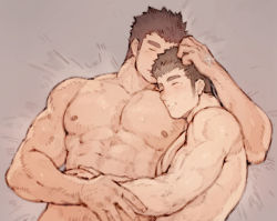 Rule 34 | 2boys, abs, aftersex, arm grab, bad id, bad pixiv id, bara, black hair, blush, brown hair, chataro1412, completely nude, couple, glasses, hand on another&#039;s head, head kiss, hug, large pectorals, lying, male focus, protagonist 3 (housamo), multiple boys, muscular, muscular male, nipples, nude, on back, on bed, on side, pectoral pillow, pectorals, rimless eyewear, motoori shiro, short hair, sidepec, sleeping, sleeping on person, thick eyebrows, tokyo houkago summoners, yaoi