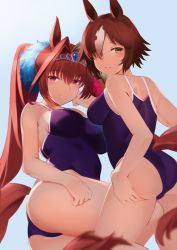 Rule 34 | 2girls, animal ears, ass, ass support, backlighting, bare shoulders, blue background, blue gemstone, blue one-piece swimsuit, blurry, blush, breasts, brown eyes, brown hair, colored eyelashes, competition school swimsuit, competition swimsuit, daiwa scarlet (umamusume), depth of field, eyes visible through hair, from behind, from side, gem, hair intakes, hair over one eye, half-closed eyes, hand on own ass, hand on own thigh, horse ears, horse girl, horse tail, kameponde, large breasts, long hair, looking at viewer, looking back, multicolored hair, multiple girls, one-piece swimsuit, parted bangs, parted lips, purple one-piece swimsuit, school swimsuit, short hair, simple background, smile, streaked hair, swimsuit, tail, thighs, tiara, twintails, two-tone hair, umamusume, very long hair, vodka (umamusume), white hair