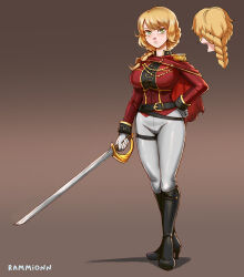 Rule 34 | 1girl, artist name, belt, belt buckle, black footwear, blonde hair, boots, braid, breasts, buckle, commentary, commission, epaulettes, female focus, full body, gloves, green eyes, high heel boots, high heels, holding, holding sword, holding weapon, large breasts, long sleeves, looking at viewer, original, rammionn, shadow, solo, standing, sword, thigh strap, watermark, weapon, white gloves