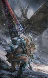 Rule 34 | 1girl, armor, armored boots, ass, boots, breastplate, closed mouth, dragon, electricity, gauntlets, greatsword, green hair, holding, holding sword, holding weapon, horns, huge weapon, kushala daora, long hair, looking at another, midriff, monster hunter (series), on one knee, open mouth, outdoors, pauldrons, serious, shoulder armor, size difference, sketch, snow, spikes, stomach, stu dts, sword, weapon, wings, zinogre (armor)