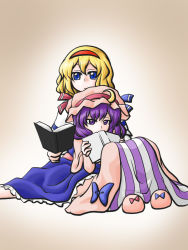 Rule 34 | 2girls, alice margatroid, bad id, bad pixiv id, blonde hair, blue eyes, book, brown background, dress, female focus, gradient background, multiple girls, patchouli knowledge, purple eyes, purple hair, simple background, sitting, striped clothes, striped dress, touhou