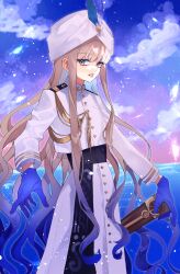 Rule 34 | 1boy, androgynous, blue eyes, blue feathers, blue gloves, blunt bangs, brown hair, buttons, captain nemo (fate), cloud, covered navel, eyelashes, fate/grand order, fate (series), feathers, feet out of frame, gloves, gradient hair, hat feather, highres, kujiraoka, long hair, long sleeves, male focus, multicolored hair, nemo (fate), parted lips, solo, turban, water, wavy hair, white headwear