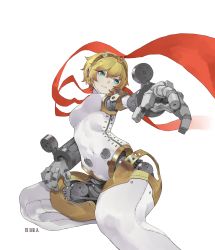 Rule 34 | 1girl, absurdres, aegis (persona), android, blonde hair, blue eyes, breasts, commentary, english commentary, finger gun, foreshortening, hand on own thigh, highres, joints, liren44, magazine (weapon), medium breasts, persona, persona 3, reaching, reaching towards viewer, robot joints, short hair, solo, thick thighs, thighs, white background