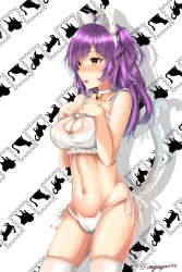 Rule 34 | 10s, 1girl, :o, ahoge, animal ears, artist name, bell, blush, bra, breasts, brown eyes, cat cutout, cat ear panties, cat ears, cat lingerie, cat tail, choker, cleavage, cleavage cutout, clothing cutout, collarbone, covered erect nipples, fake animal ears, fangs, hagikaze (kancolle), hands on own chest, highres, hip focus, jingle bell, kantai collection, kemonomimi mode, kono (uiyoyo199), long hair, meme attire, midriff, navel, open mouth, panties, purple hair, ribbon, side-tie panties, simple background, solo, standing, stomach, tail, teardrop, tears, teeth, thighhighs, toned, underwear, white bra, white panties, white ribbon, white thighhighs