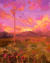 Rule 34 | bush, cloud, commentary, english commentary, field, from side, grass, highres, mountainous horizon, no humans, original, outdoors, pixel art, power lines, purple sky, qwertgfx, scenery, shooting star, sky, star (sky), starry sky, sun, sunset, utility pole